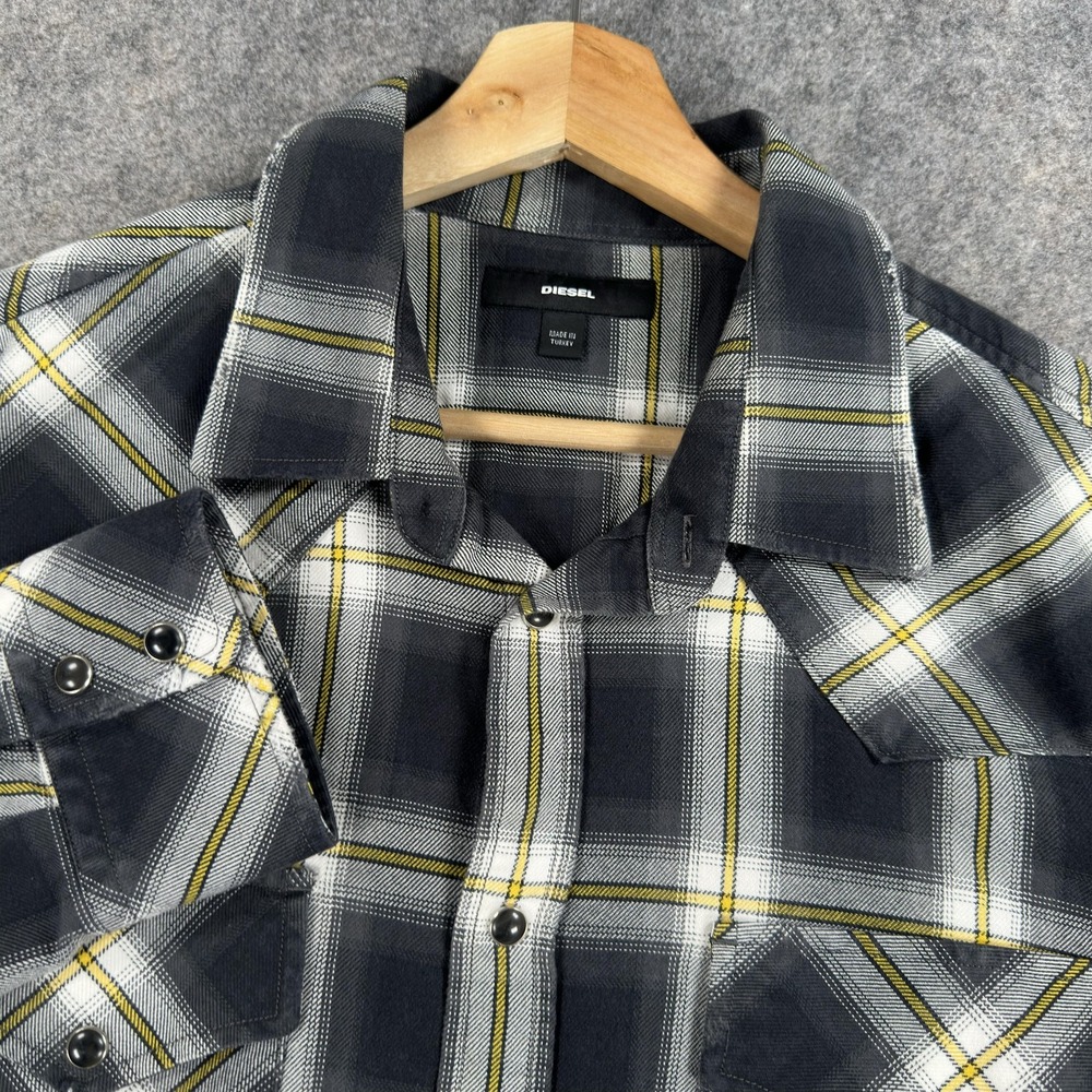 Diesel Shirt Mens XL Gray Plaid 100% Cotton Western Snap Front Long Sleeve